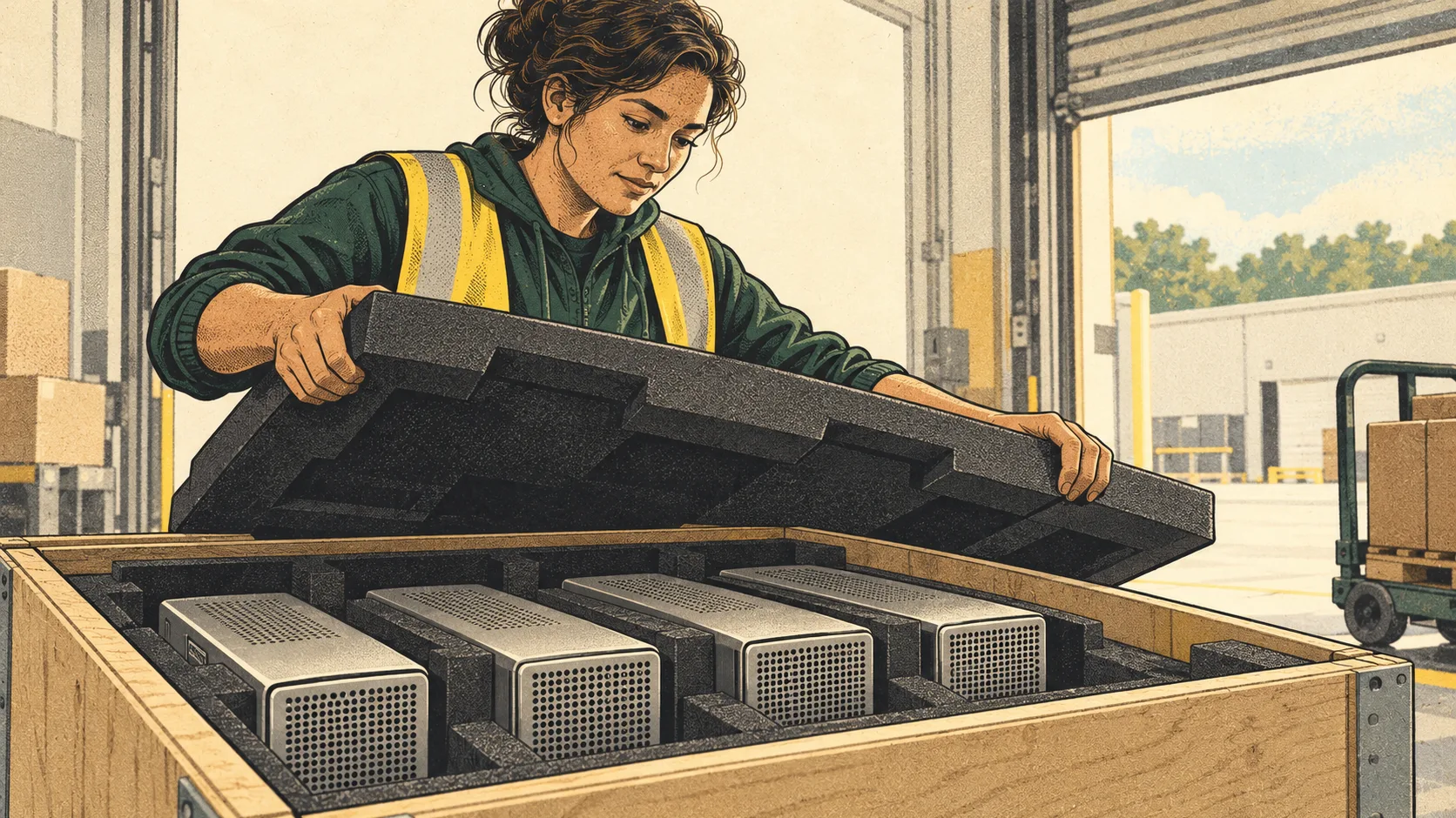 A distribution worker lifts protective foam from a shipping crate, revealing compact metal workstations ready for delivery.