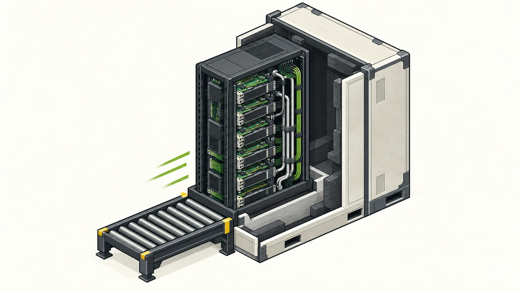 A densely packed AI server rack moves into a protective shipping crate, with exposed trays revealing its accelerator hardware.
