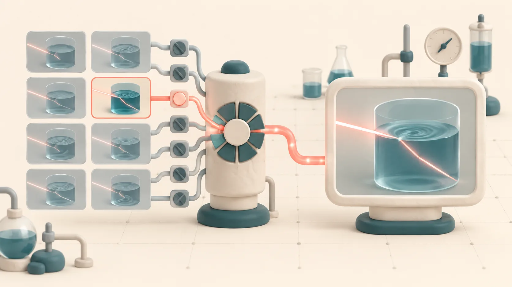 A split layout depicting eight generated video trials on one side and a single selected physics simulation on the other side.
