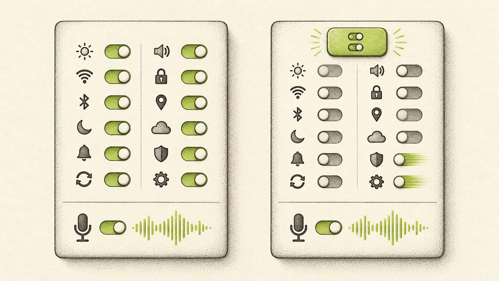 A utility switches off multiple AI settings at once while voice dictation continues recording speech.