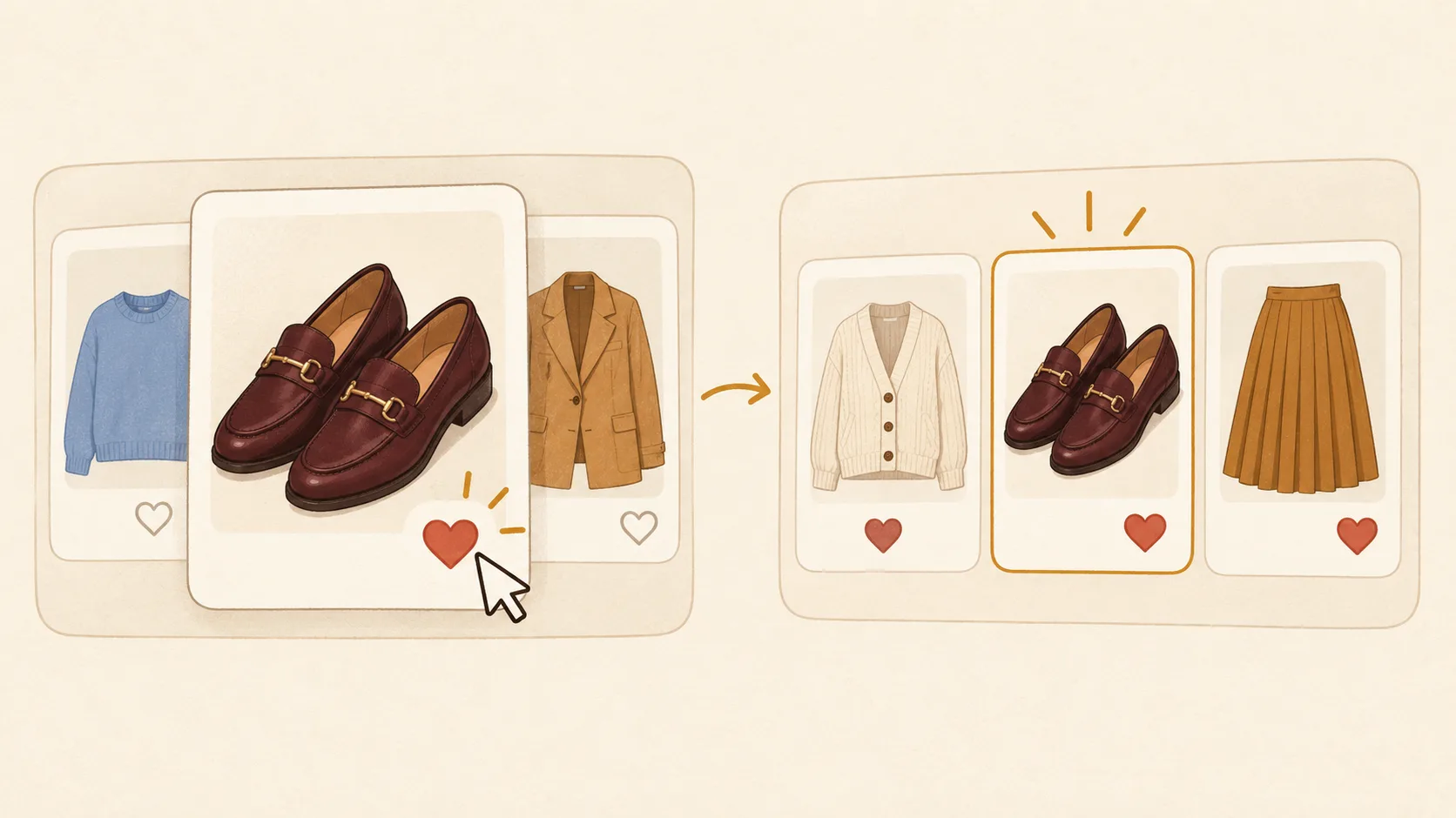 A shopping assistant saves a selected pair of loafers into a library alongside previously saved clothing.