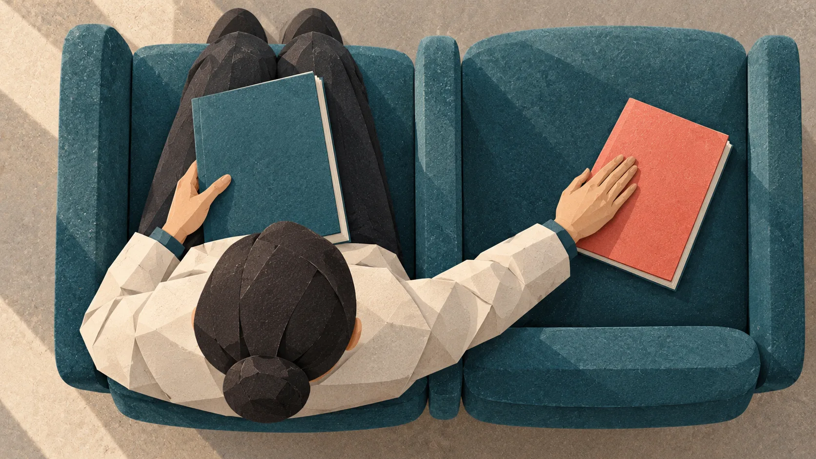 A seated evaluator keeps one research report on their knees while pushing the alternative onto an empty neighboring seat.