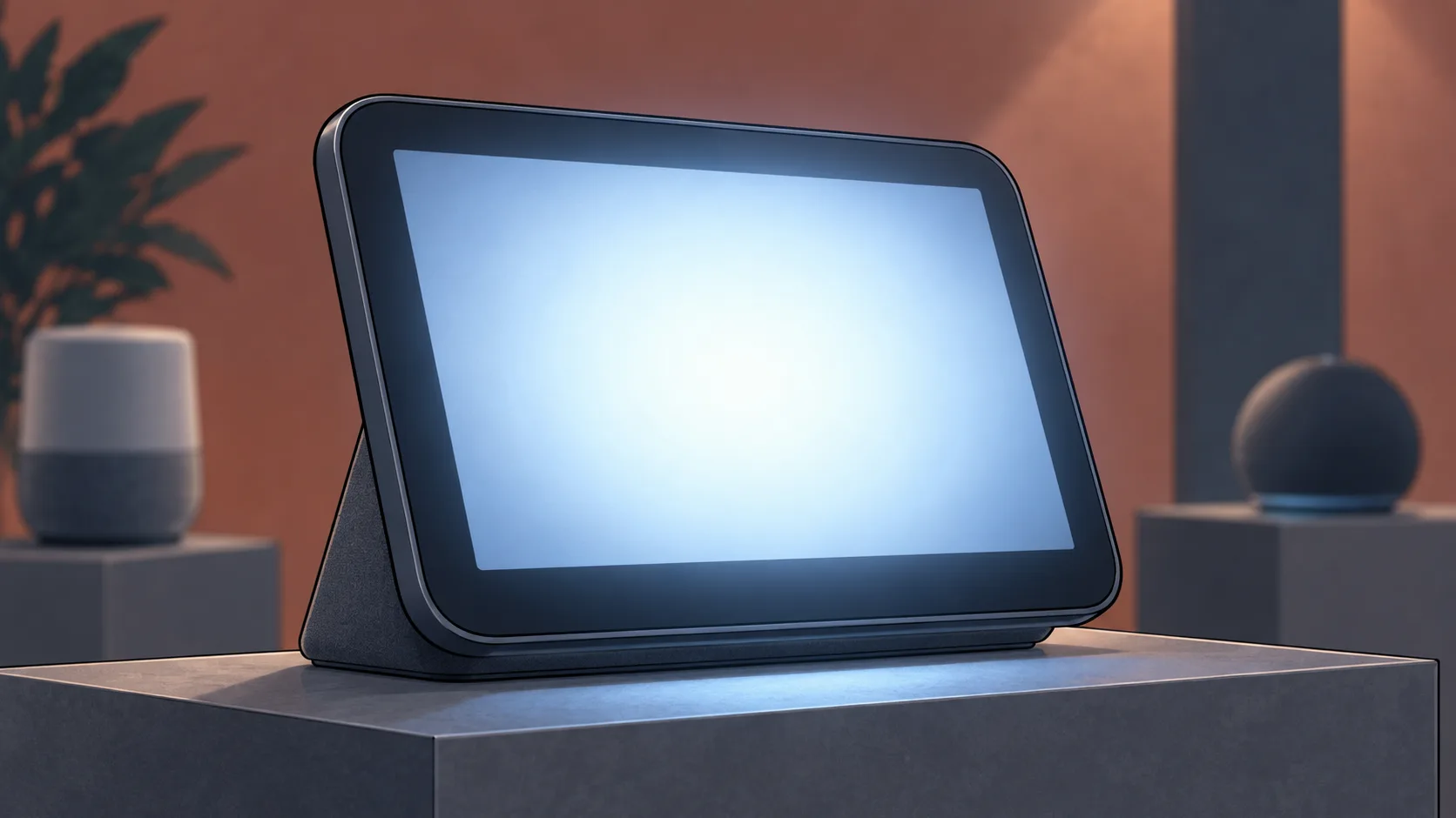A newly unveiled tabletop smart display powers on, with two smaller consumer devices behind it.