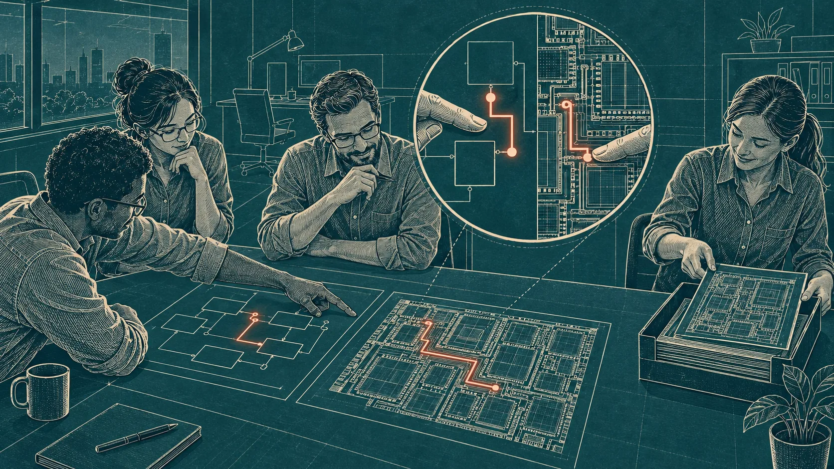 Engineers compare generated semiconductor designs with their requirements, then approve the completed layout together.