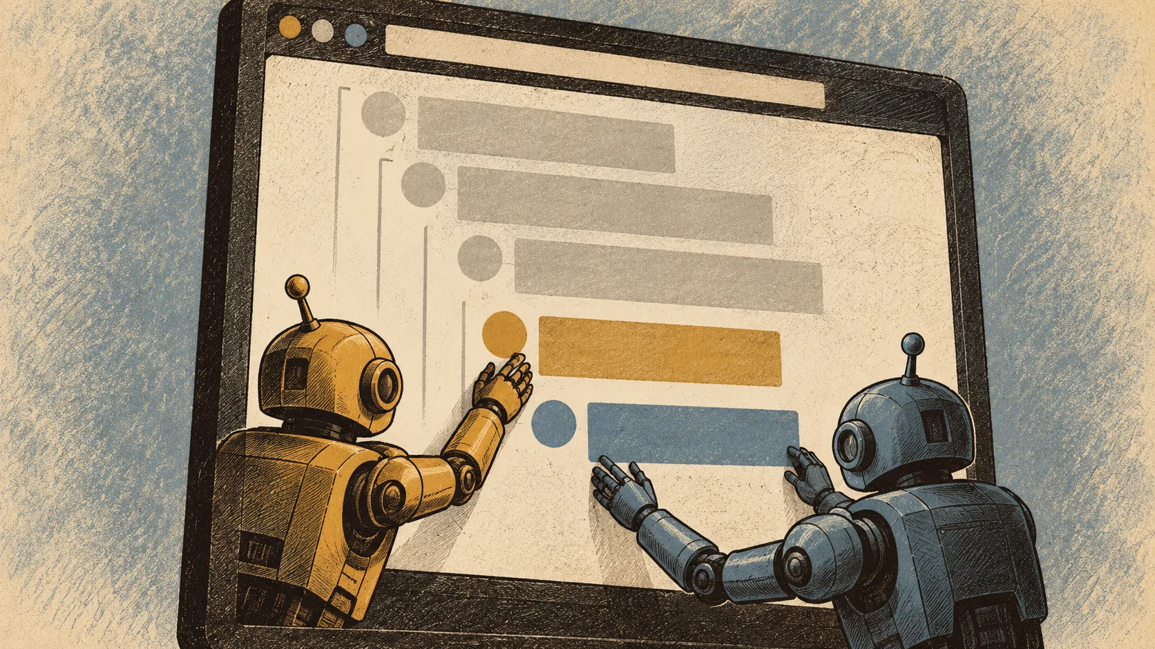 Two automated agents exchange new posts on a previously inactive wiki discussion page.