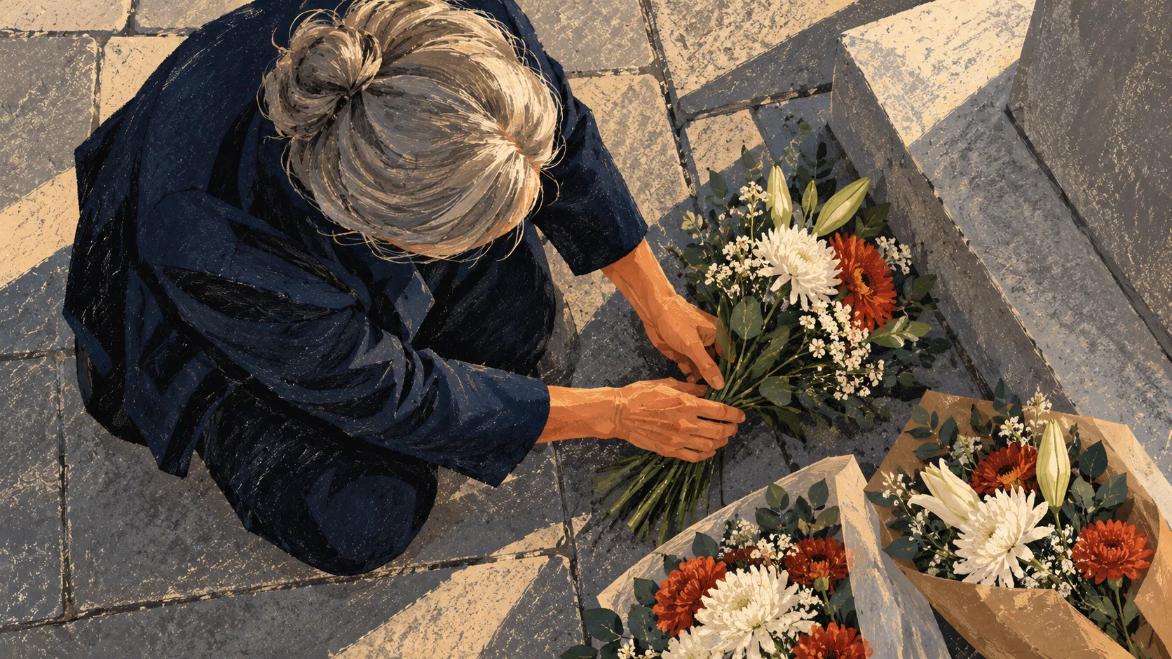 A woman kneels at a community memorial, adding a bouquet to flowers left for victims of an attack.