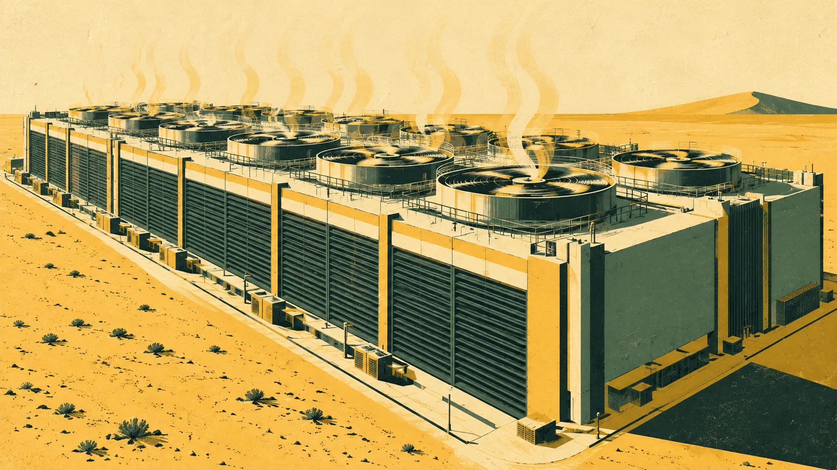 A vast data centre operates on sandy ground, its rooftop cooling fans turning as heat rises from the exhausts.