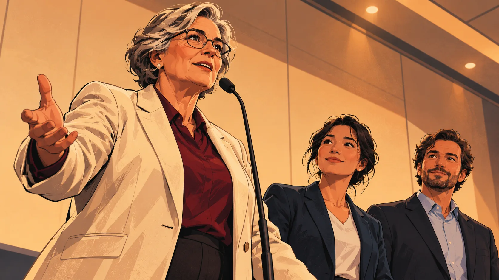 A standards representative speaks into a microphone while two collaborators step forward to join the announcement.