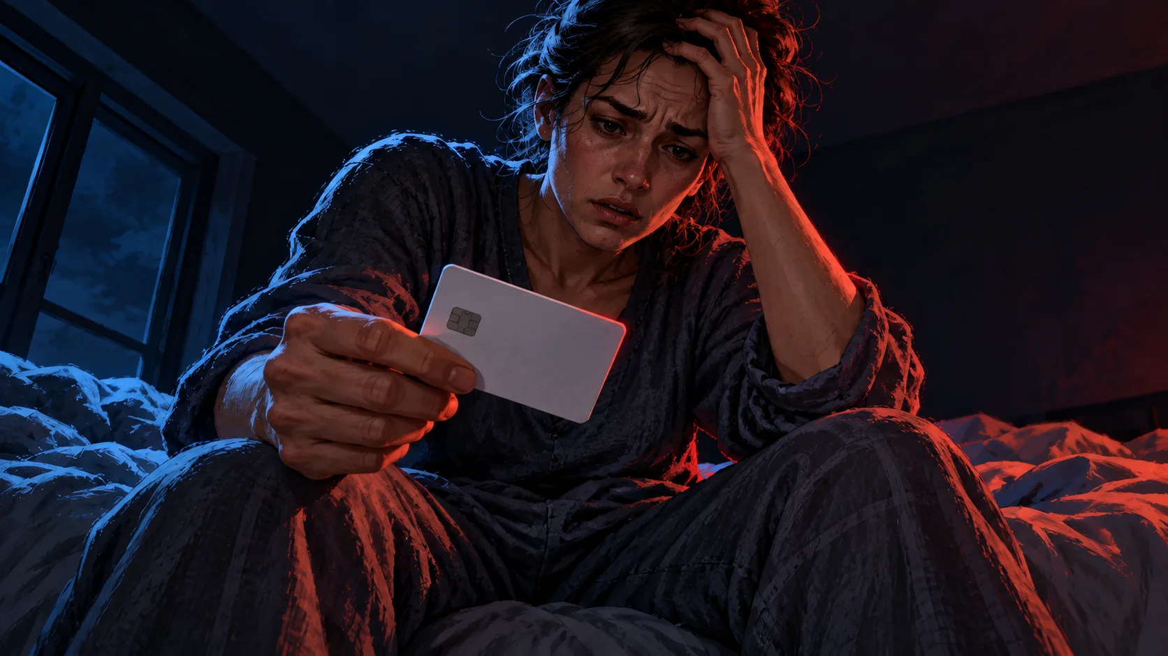 A user sits awake beside an unmade bed, holding a payment card and rubbing their forehead after unexpected overnight charges.