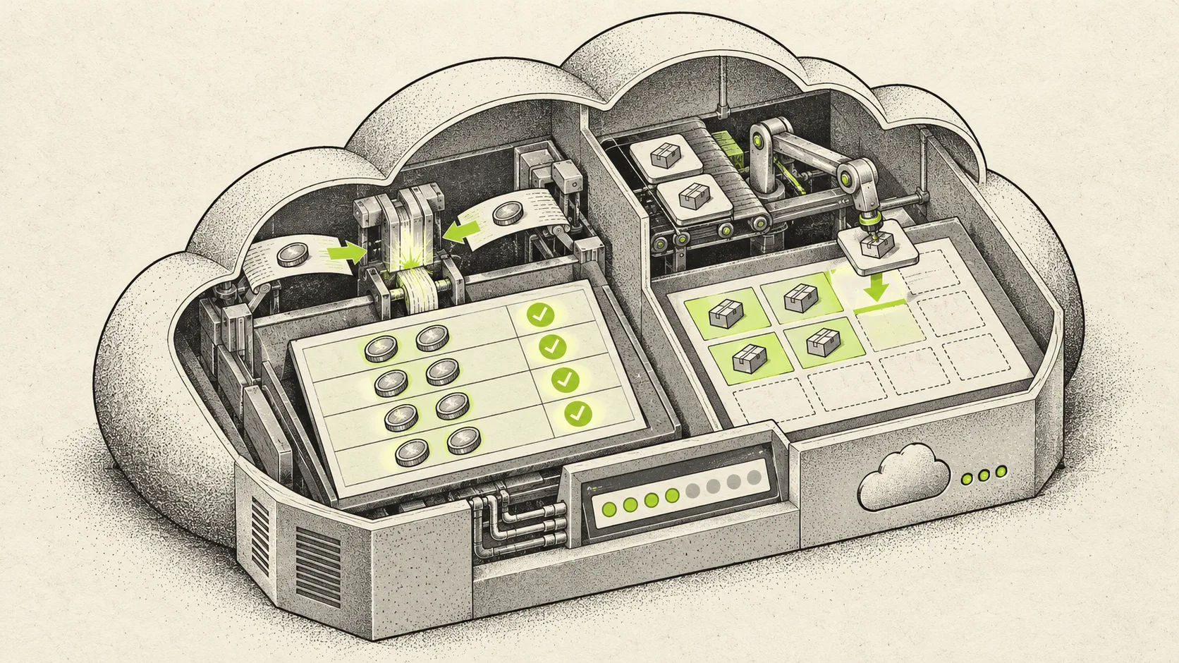 A cloud application runs isolated workflows that reconcile financial transactions and reorganize shipment schedules, with completed results recorded beside each job.