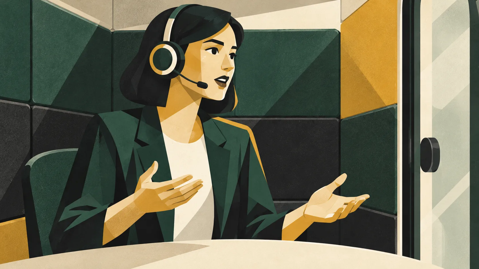 An employee speaks into a headset during a meeting inside an acoustic booth, emphasizing a point with an open hand.