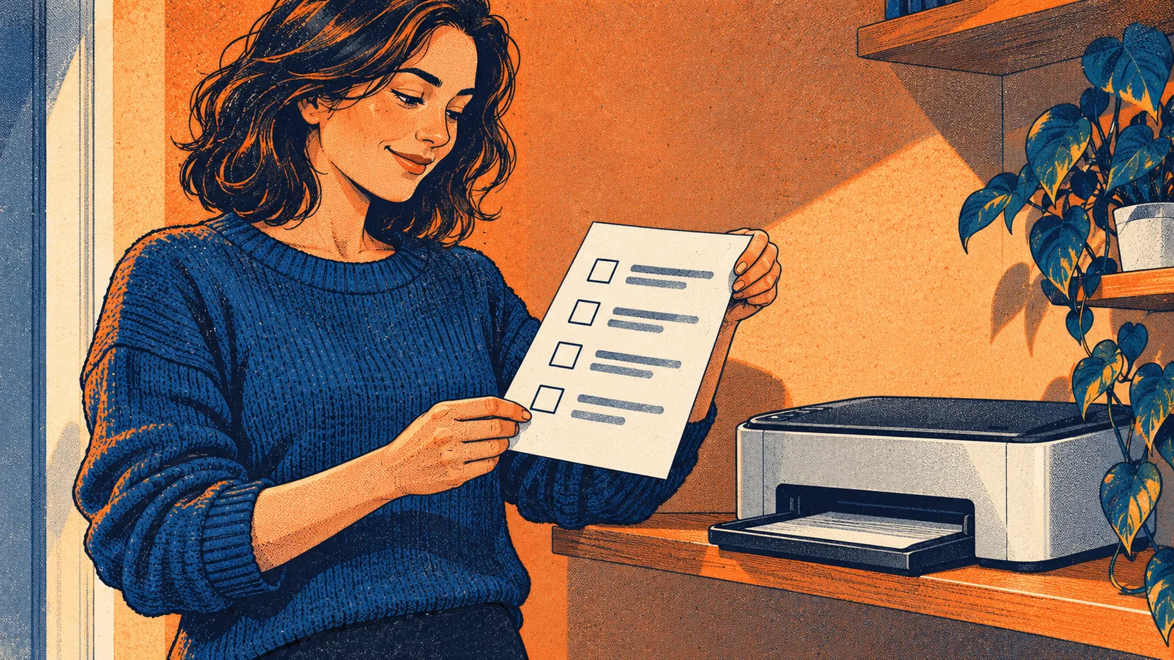 A subscriber collects a printed task checklist from a printer, holding the finished sheet up with a relieved expression.