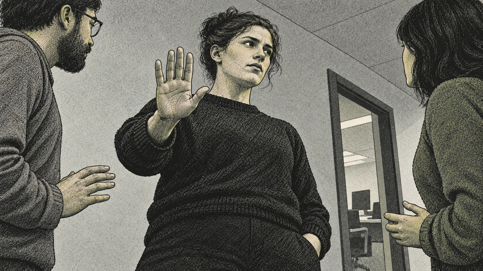 A software maintainer raises a palm to pause two colleagues presenting issues, bringing their overlapping discussion to a halt.