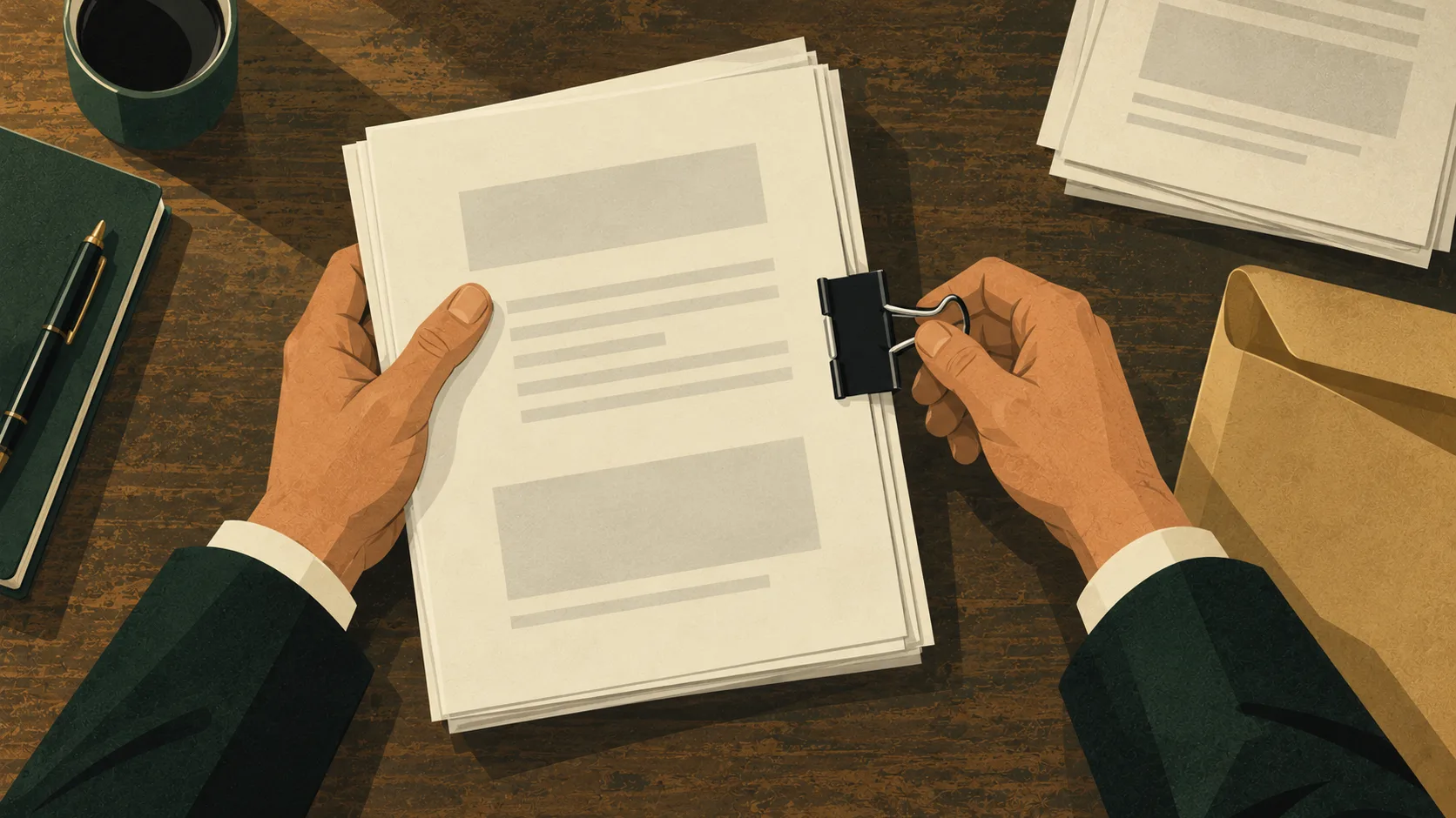 A campaign watchdog lawyer fastens spending records to a formal complaint, preparing the completed packet for filing.