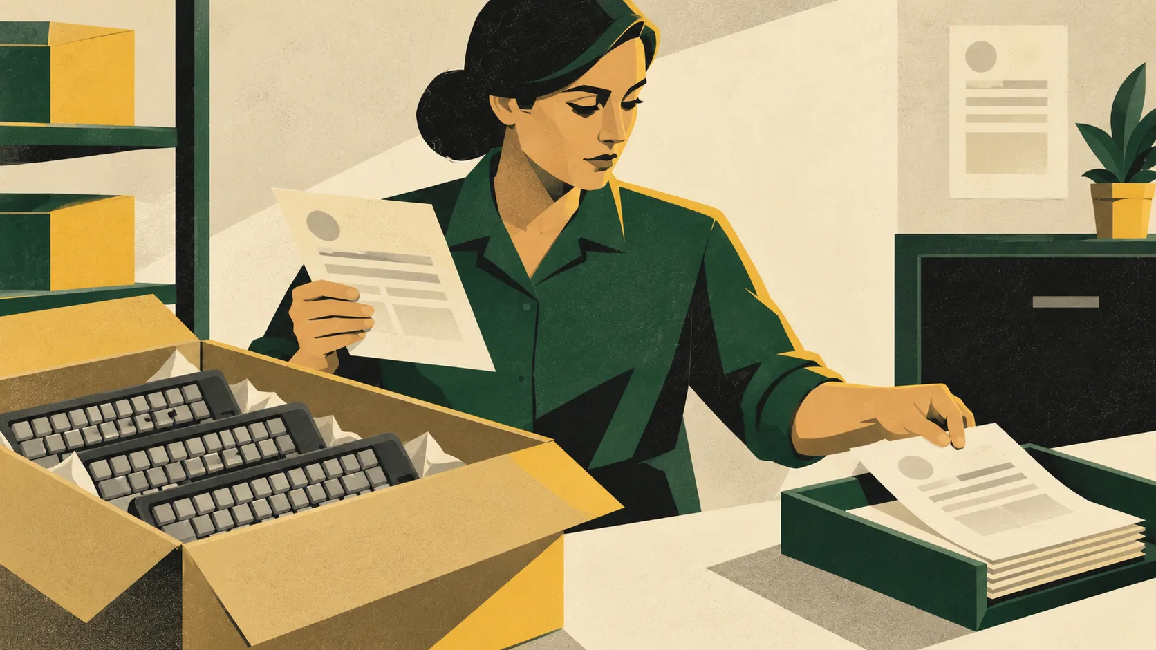 An office purchasing worker checks delivered keyboards against a supplier invoice and moves the verified delivery paperwork into an accounting tray.