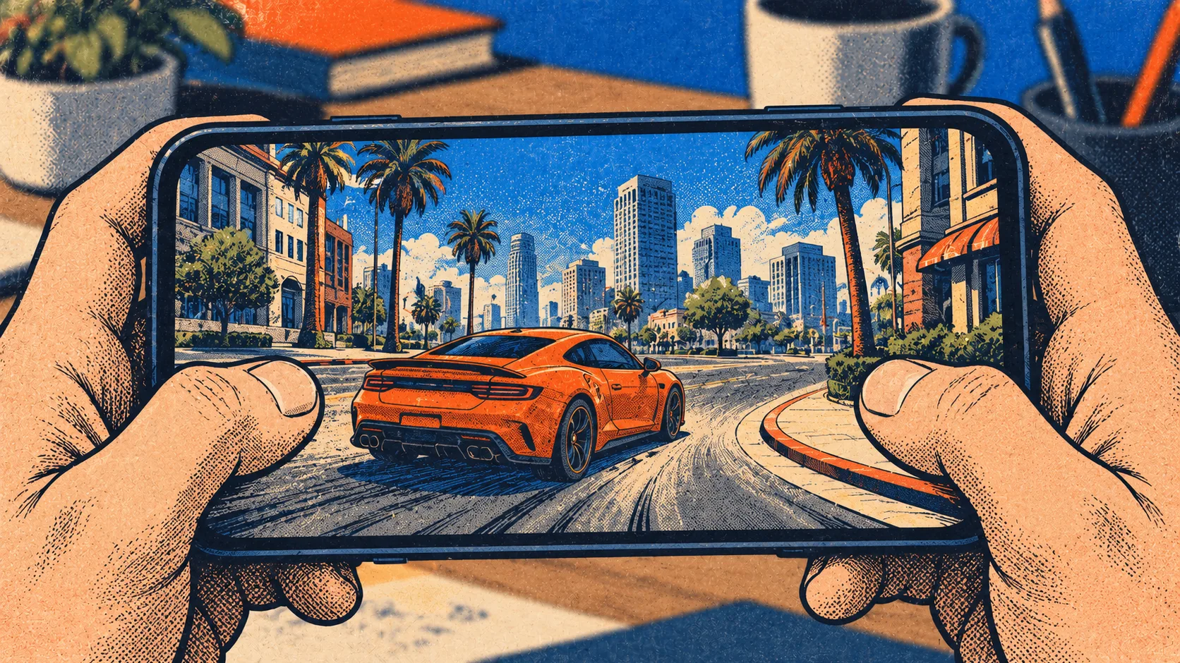 A developer plays an urban driving game on a phone held horizontally, steering a sports car through a palm-lined city.