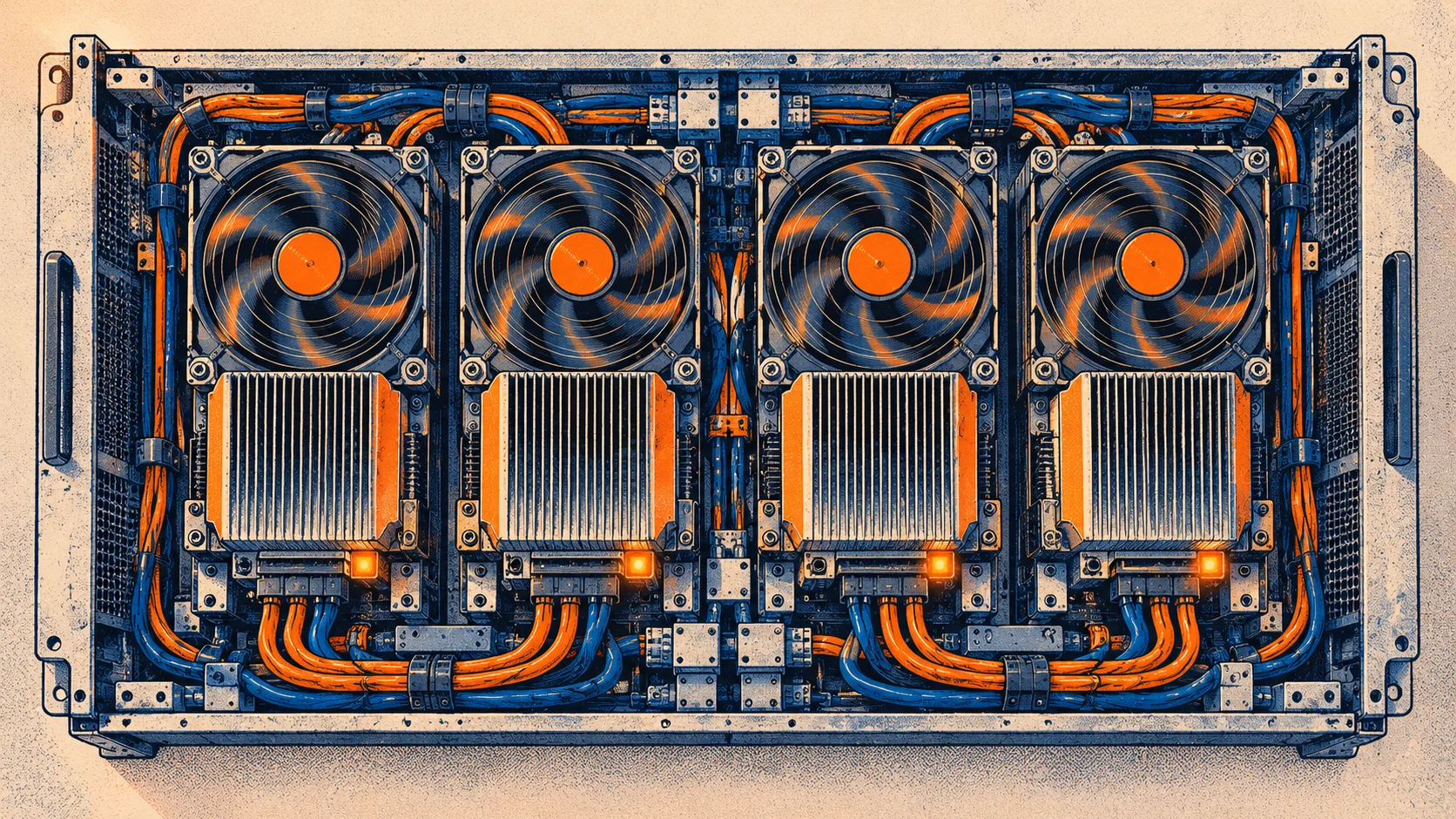 Four accelerator modules operate together on a serving board, with cooling fans spinning and space remaining around the installed hardware.