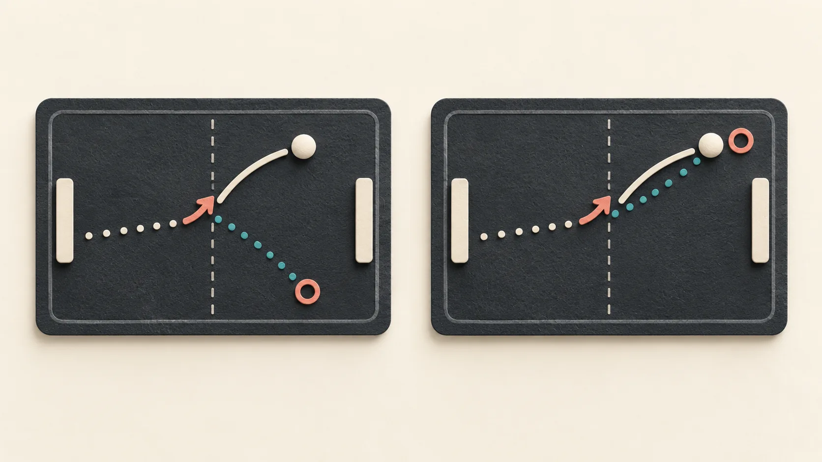 Two Pong simulations compare predictions after a ball changes direction, with one forecast landing much closer to the actual ball.