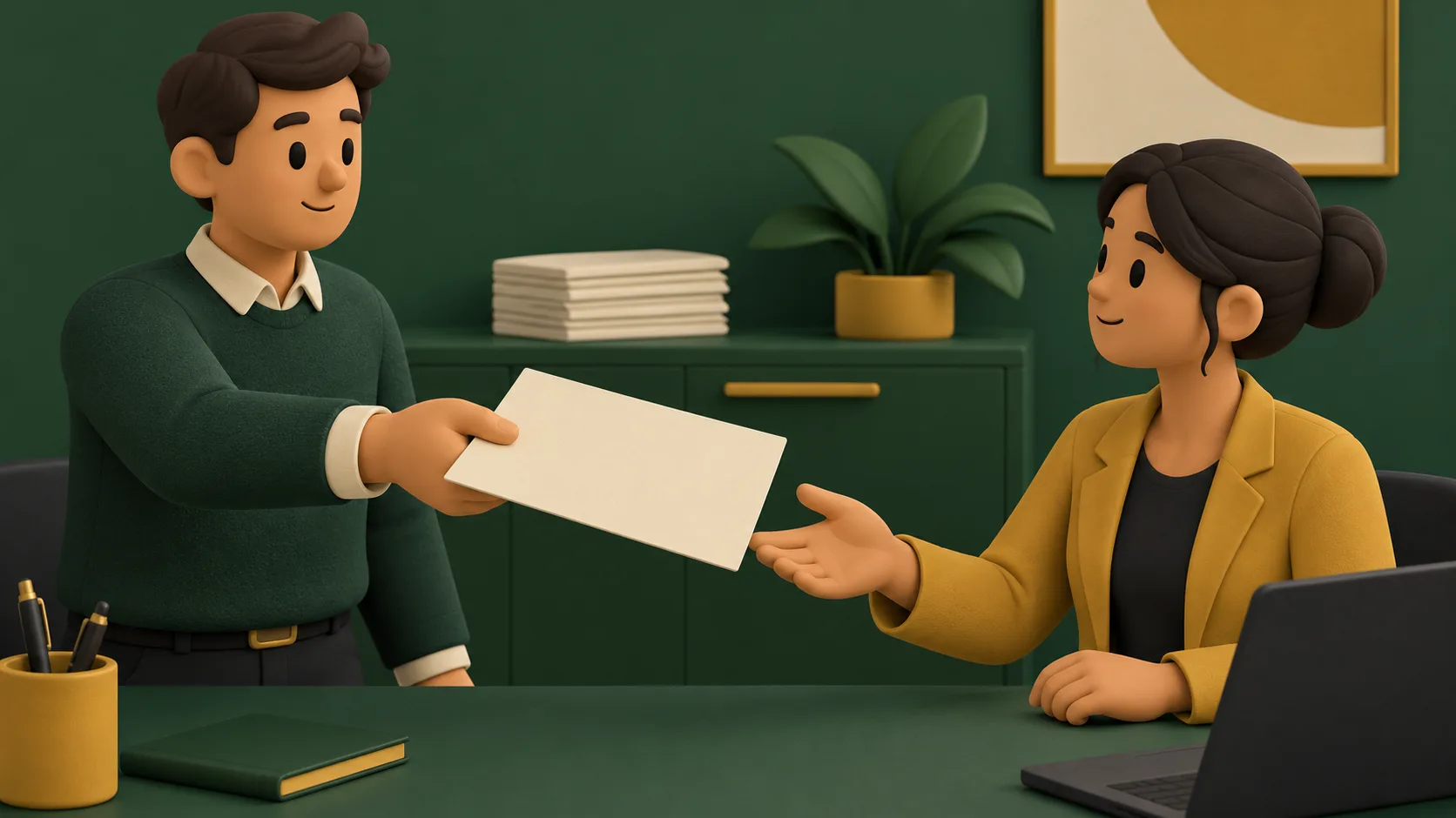A business analyst hands a selected performance report to a colleague for follow-up, leaving other reports aside.