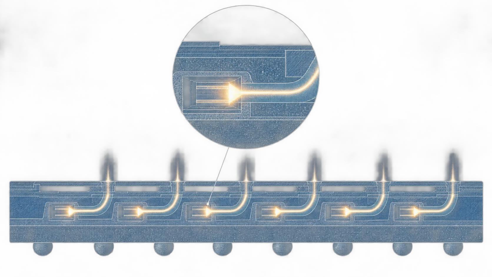An array of lasers embedded inside an interposer emits light into parallel optical channels, with an enlarged detail showing one active emitter.