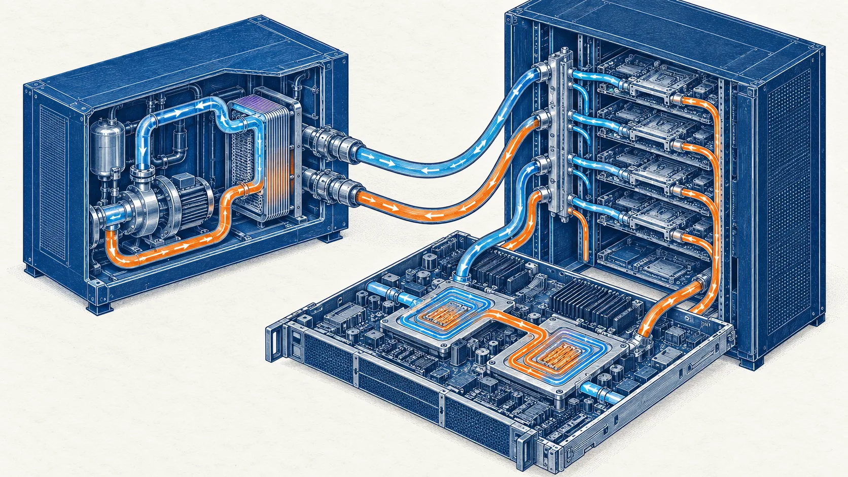A coolant distribution unit pumps liquid through server cold plates, carrying heat away from processors inside an open rack.