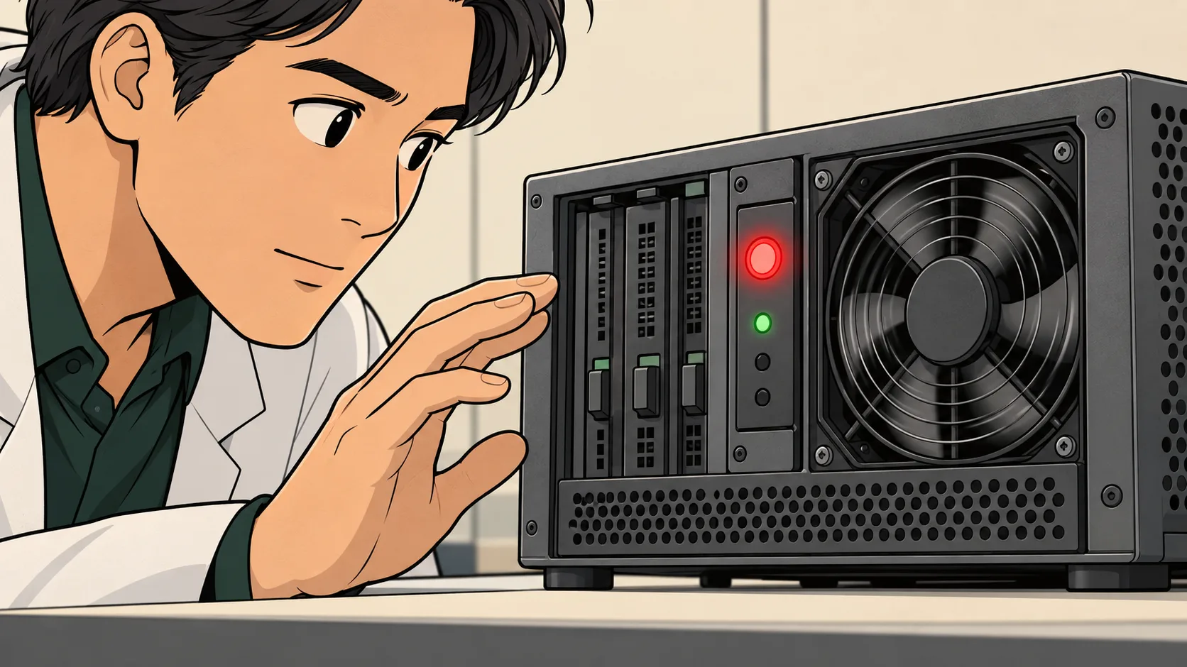 A security tester watches a computing test unit reject an attempted operation while the equipment continues running.