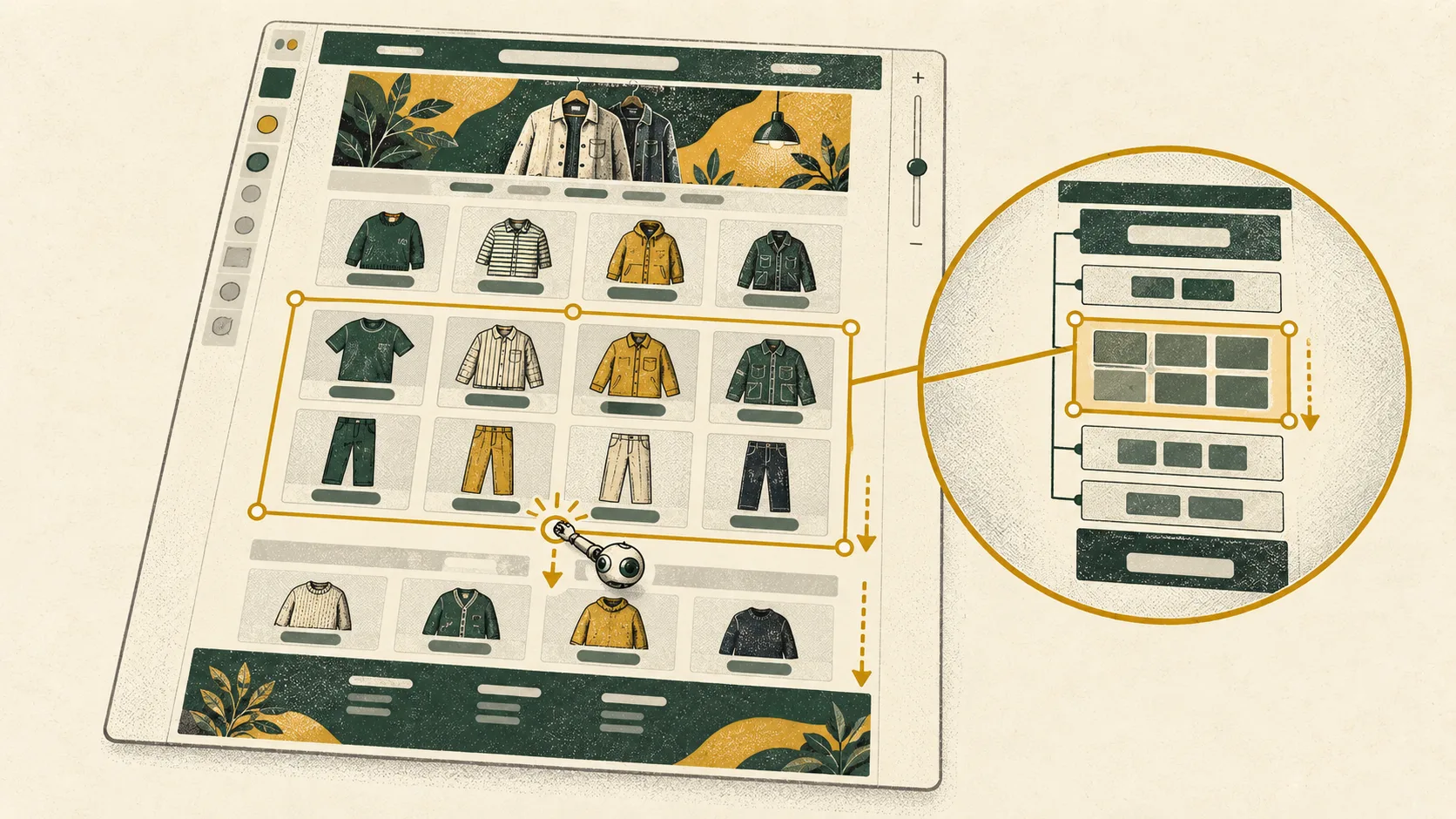 An automated theme edit rearranges a clothing store’s layout while the entire storefront remains visible on a zoomable canvas.