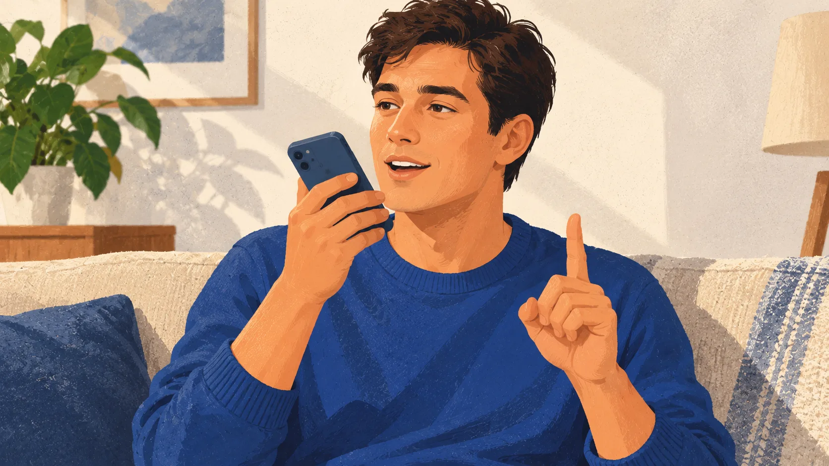 A shopper speaks a purchase approval into a phone, raising a finger to emphasize the decision.