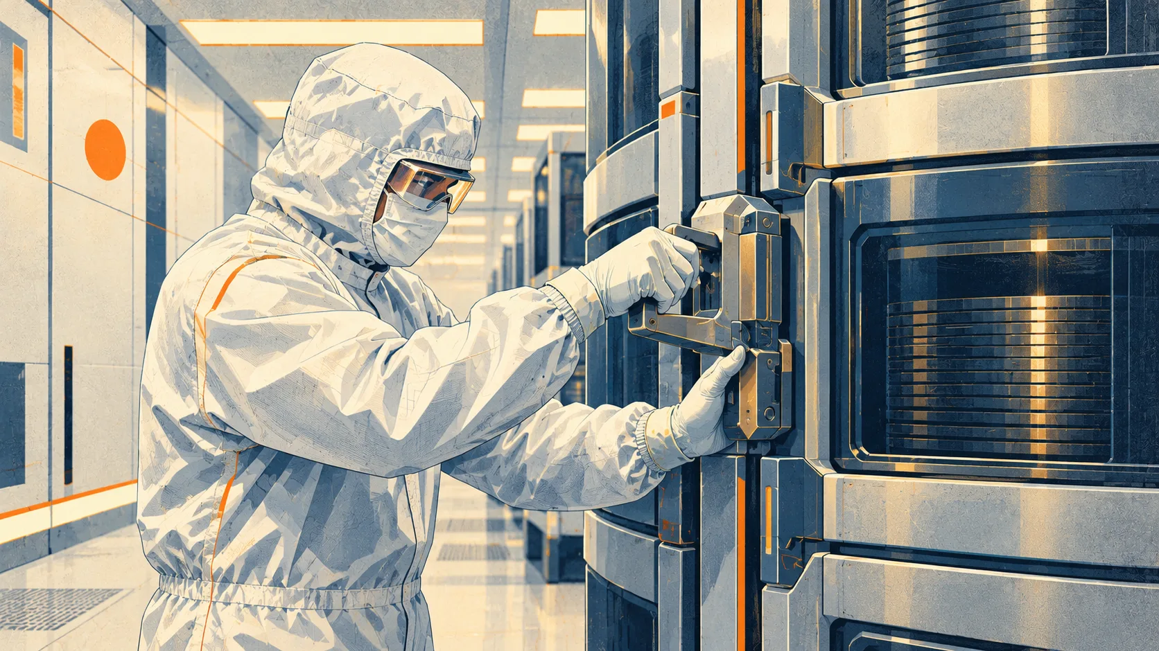 A technician in a cleanroom suit attaches a heavy locking clasp to a tall wafer storage pod in a semiconductor facility.