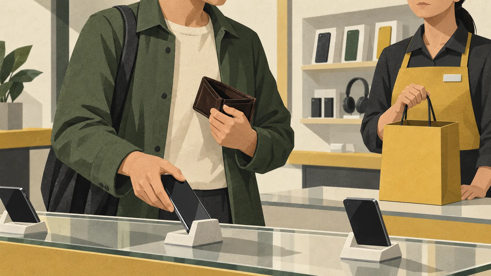 A hesitant shopper returns a display phone to its stand while holding an open wallet, leaving the purchase behind.