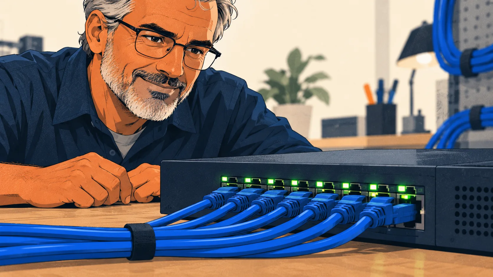 A technician watches a network switch recover, its connection lights returning to green as automated configuration restoration completes.