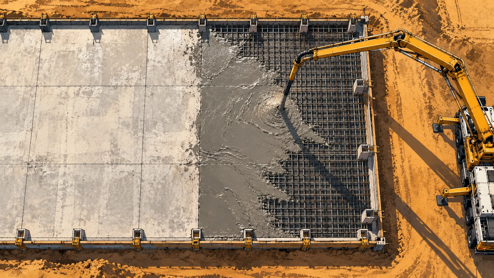 A concrete pump pours the next section of an enormous data-centre foundation, extending the slab across an excavated site.