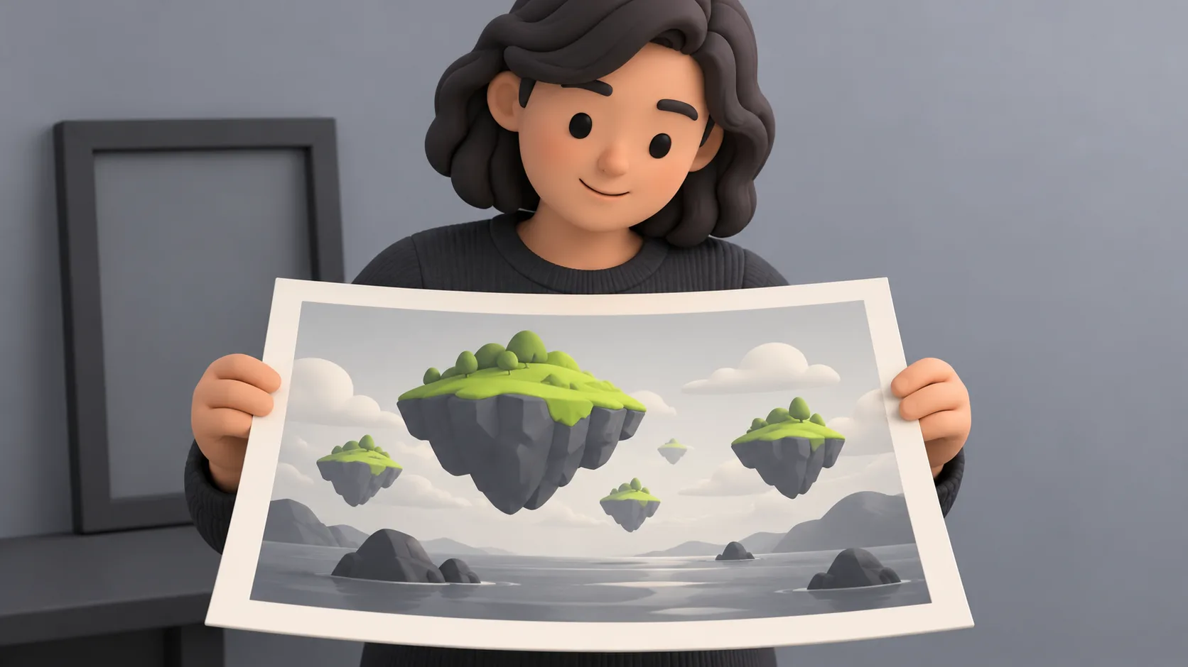 A creator lifts a large generated landscape photograph, inspecting the visual result of an AI creation tool.