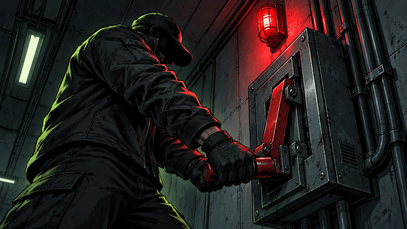 A security responder in a dark jacket pulls down a heavy red isolation lever on a wall cabinet under an overhead red light.
