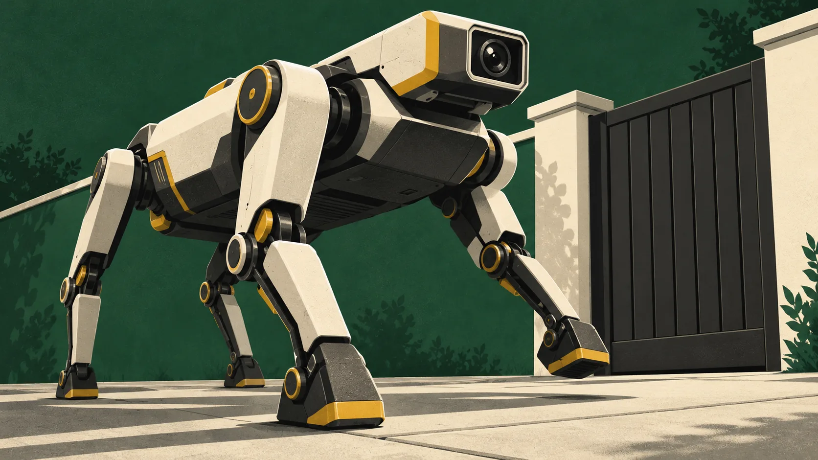 A four-legged security robot patrols a home's entrance, walking past a closed garden gate.