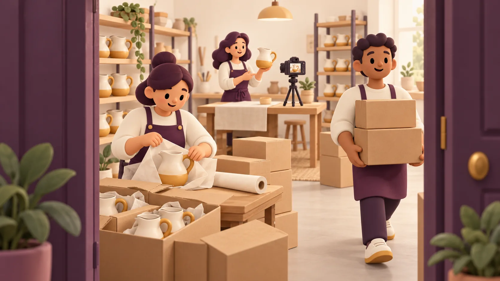 A small business records a product demonstration while workers pack matching products into parcels for customers.