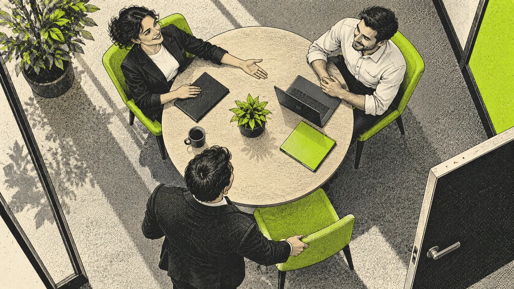 A visiting customer pulls up a chair as two employees welcome them into a shared meeting.