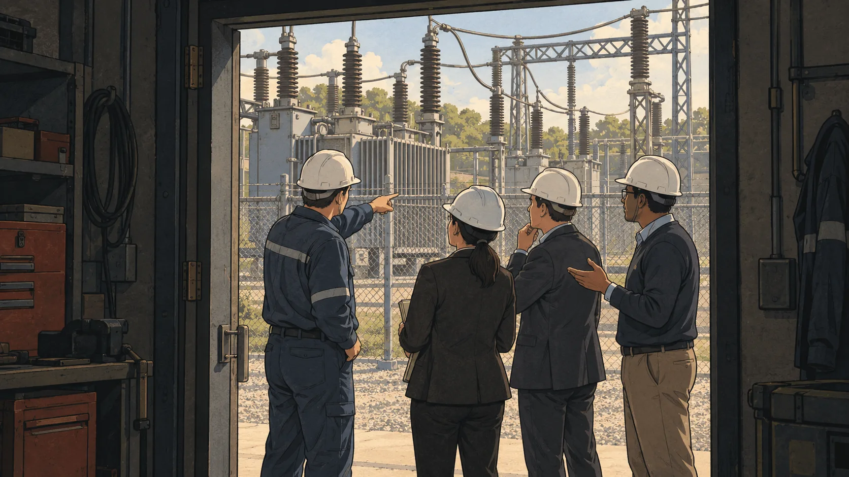 Government liaisons meet with a utility operator and an artificial intelligence engineer beside electrical infrastructure to discuss coordination.
