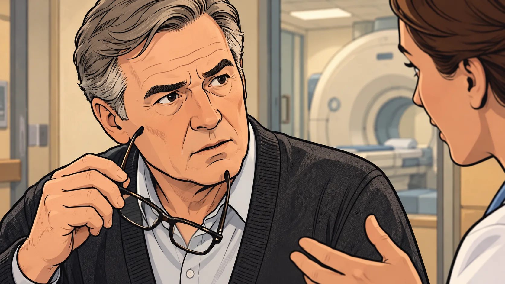 A physician turns toward a colleague who is alerting him to false claims about his departure.