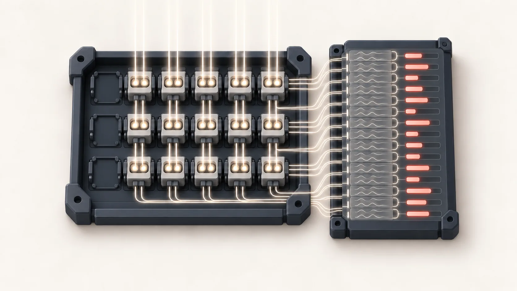 An optical receiver measures fifteen video streams simultaneously, with paired detector signals yielding a separate authenticity score for each video.