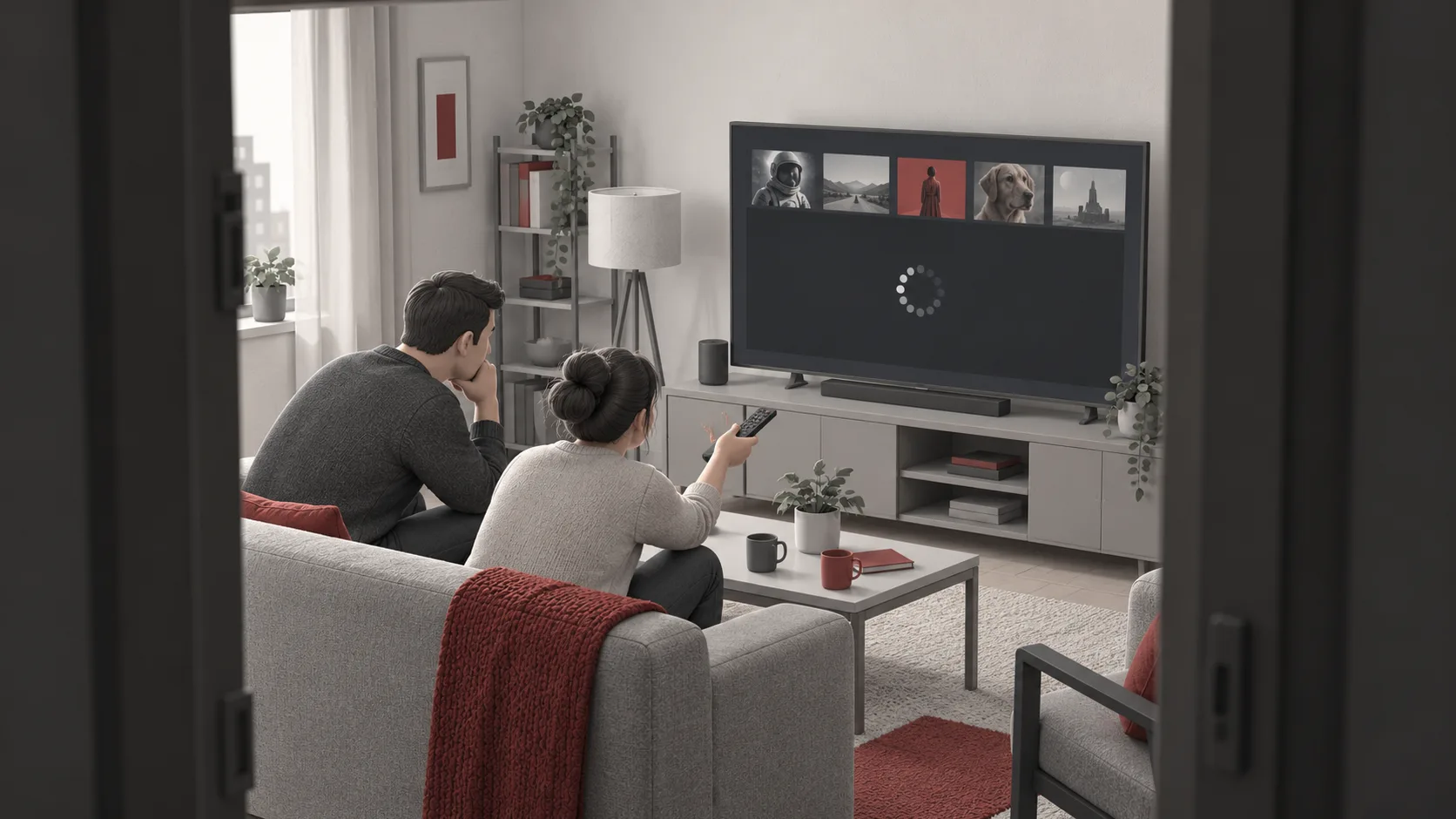 Two viewers try to restart a streaming service while their television shows an empty video player and a loading indicator.