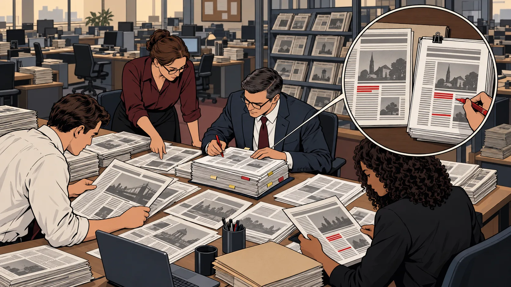 Local newspaper representatives and legal counsel assemble copyright lawsuit evidence, comparing published articles with copies included in their complaints.