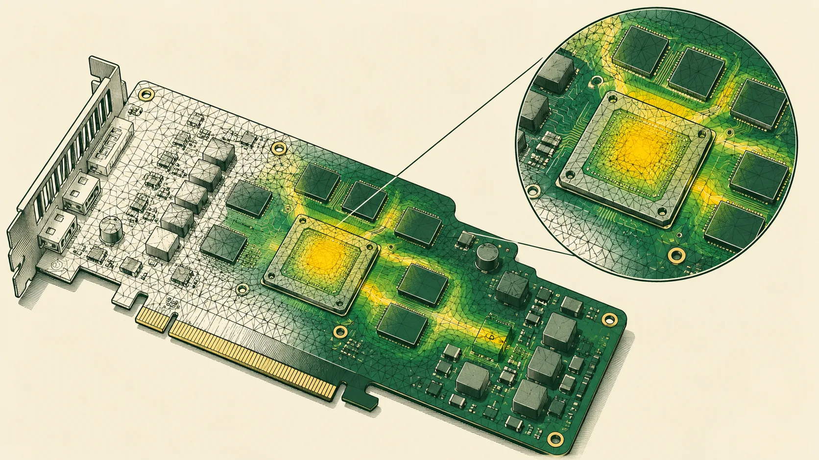An automated simulation tests a revised graphics card design, revealing a potential overheating spot around its processor.