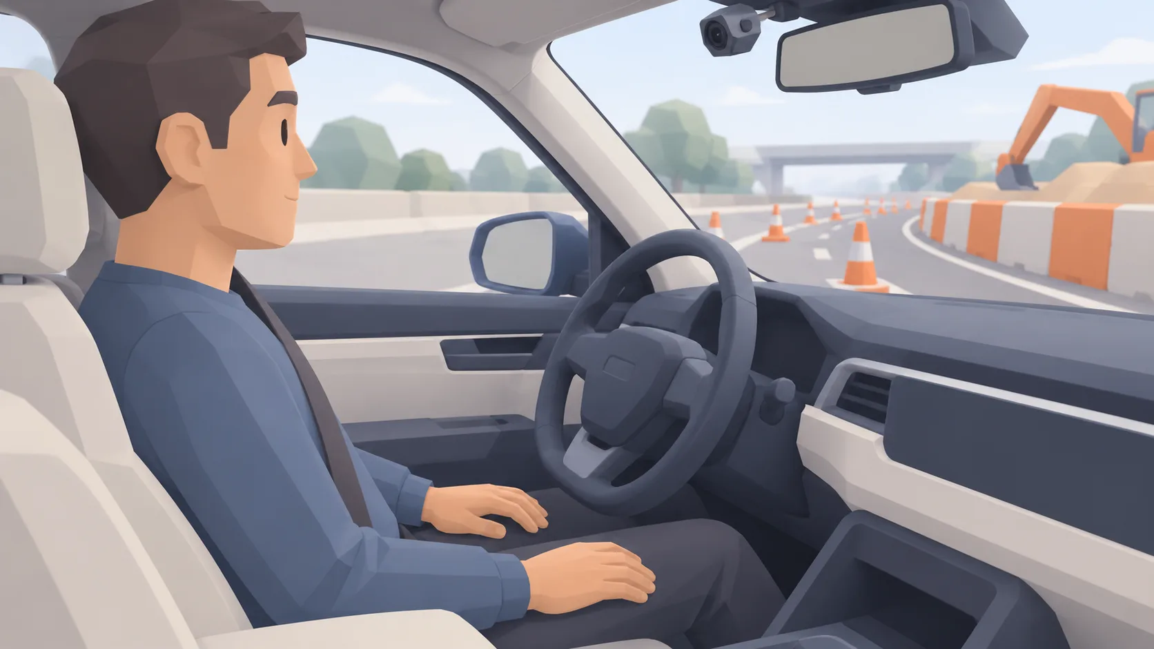 An attentive driver keeps their hands on their lap while the steering wheel turns toward an open lane beside roadworks.