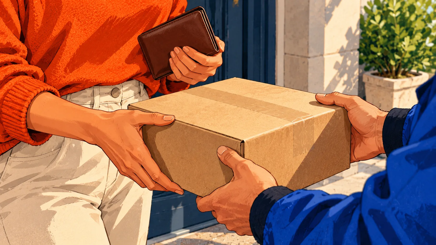 A shopper accepts a sealed delivery carton while keeping their closed wallet in their other hand.