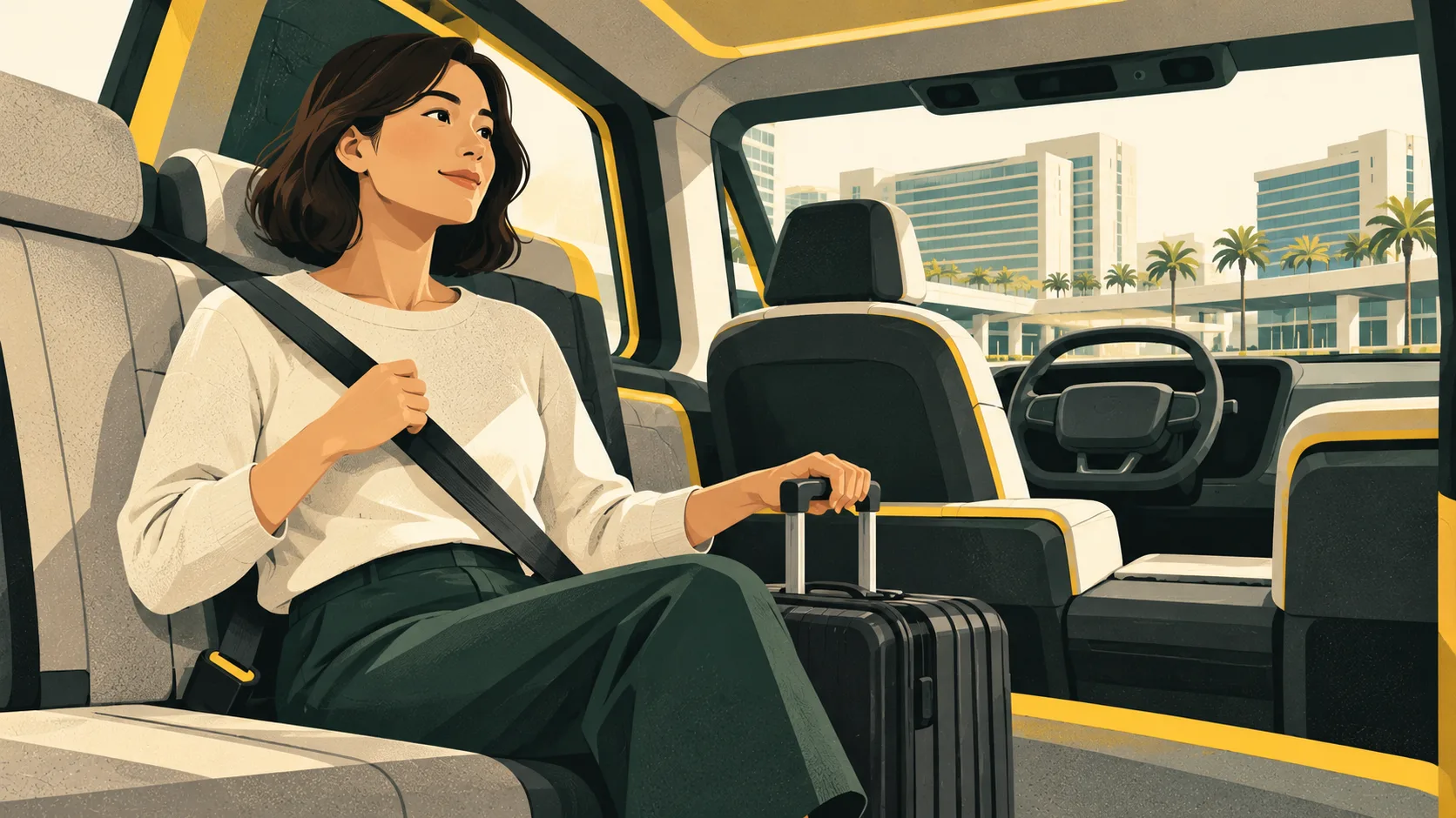 A traveler fastens their seat belt beside a carry-on suitcase in a driverless taxi, with Las Vegas hotels visible outside.