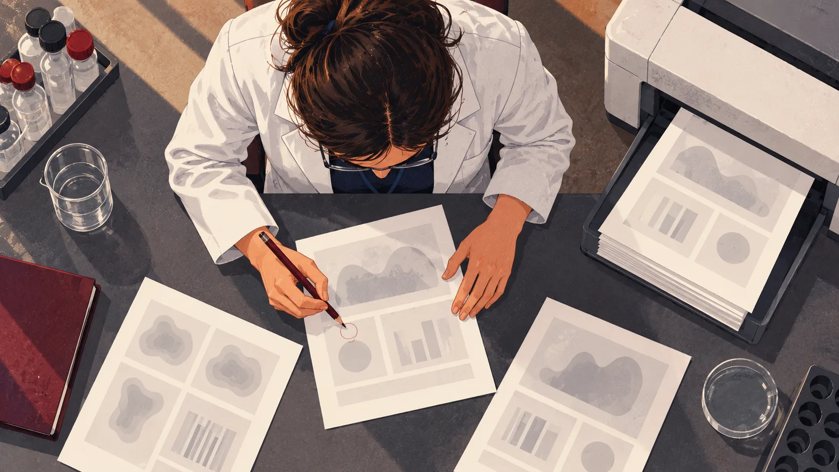 A researcher examines freshly printed results as another batch emerges from a printer during early AI safety testing.