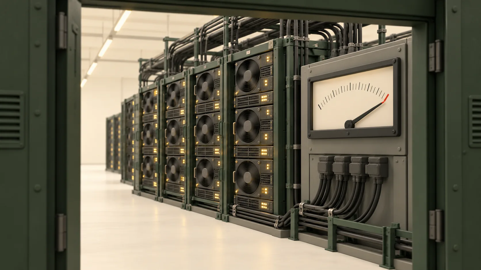 An operating data center fills its electricity meter toward the upper end of the scale as rows of servers draw power.