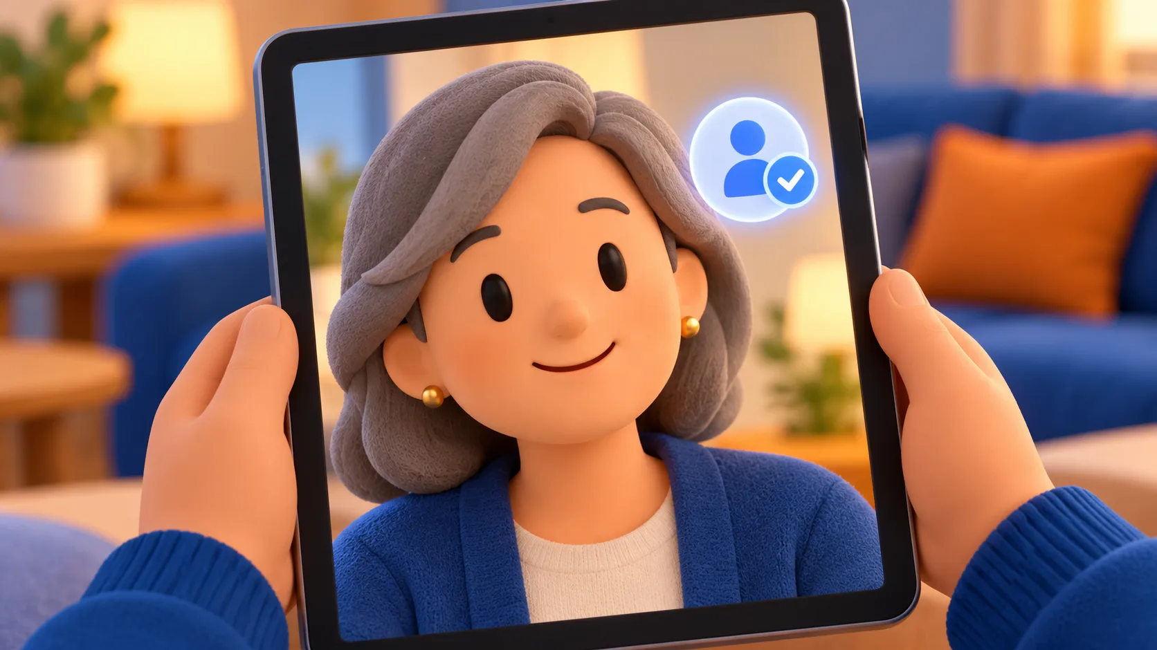 A person holds a tablet during a live selfie check as a verification badge appears beside their face in the video tile.