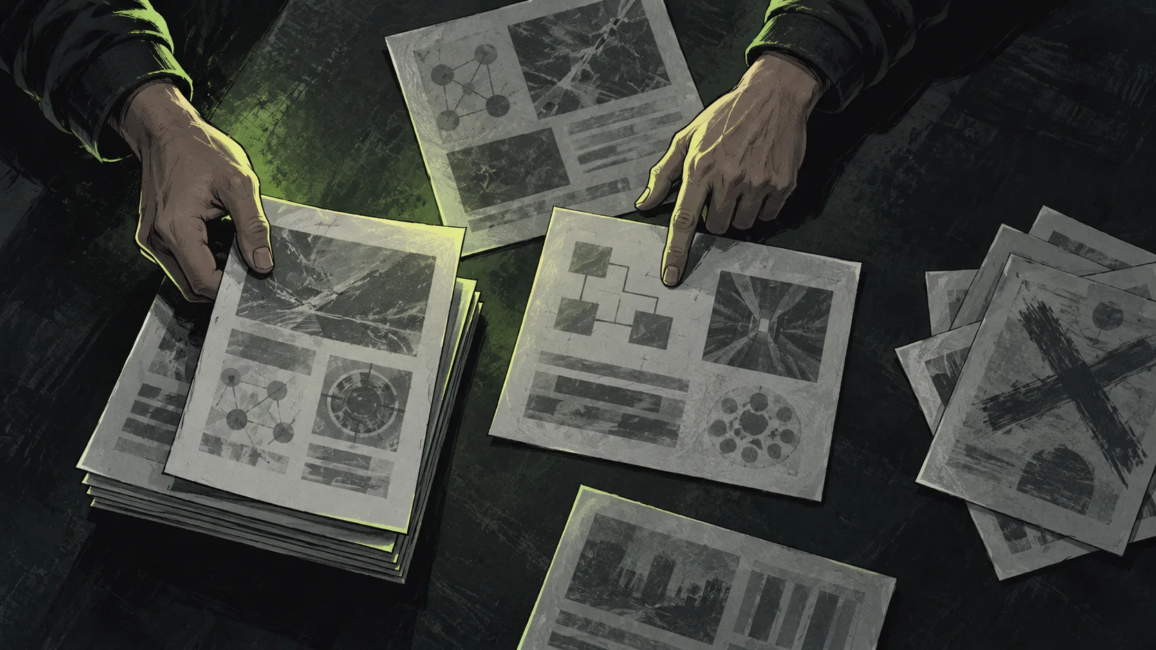 Researchers select and combine exploit research papers, with one pointing out a candidate while another gathers the chosen stages.